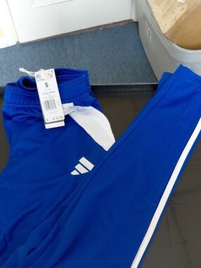 adidas Mens Blue Soccer Joggers with White Stripe